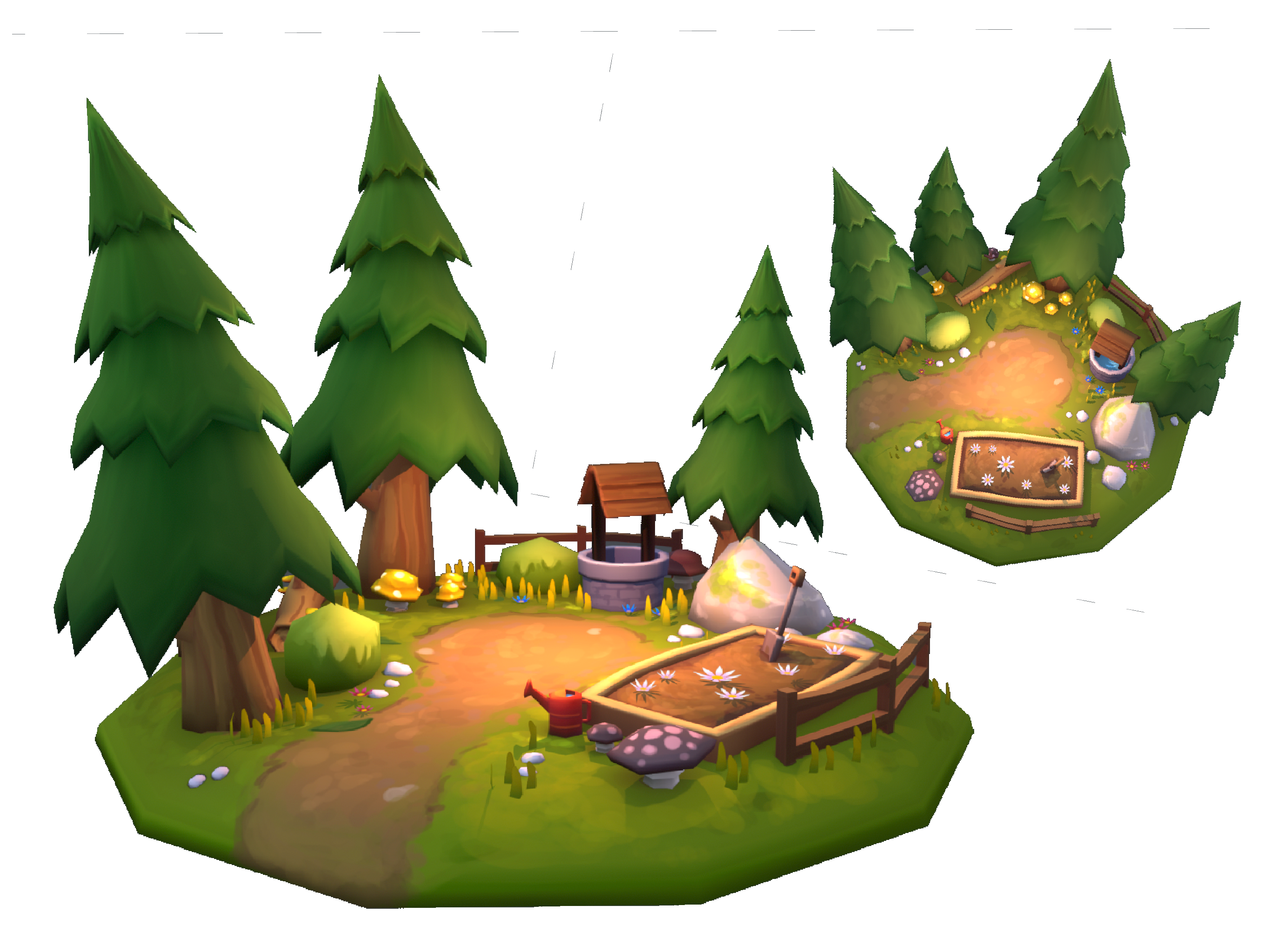 Forest scene — 3D model wireframe alongside hand-painted texture comparison